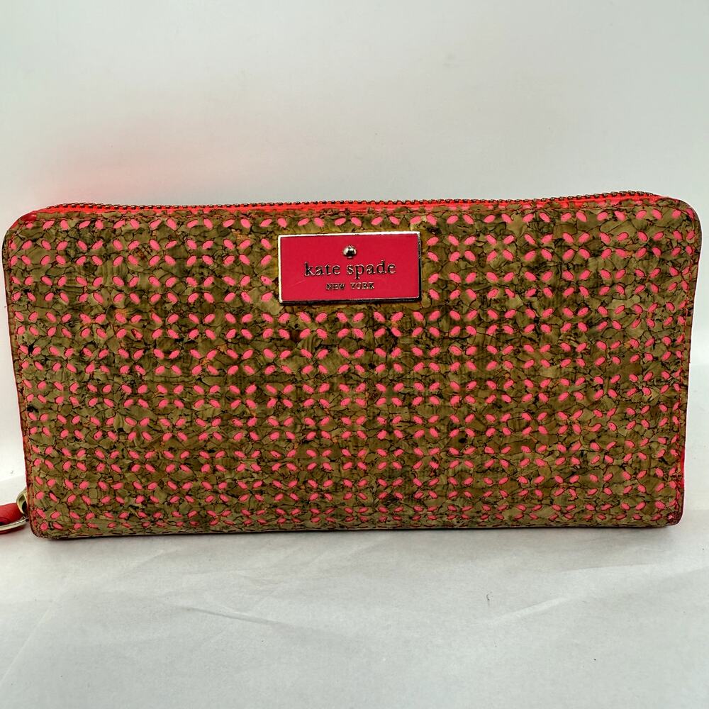 Kate Spade New York Zip Around Continental Wallet Pink Cork Trim Long Clutch